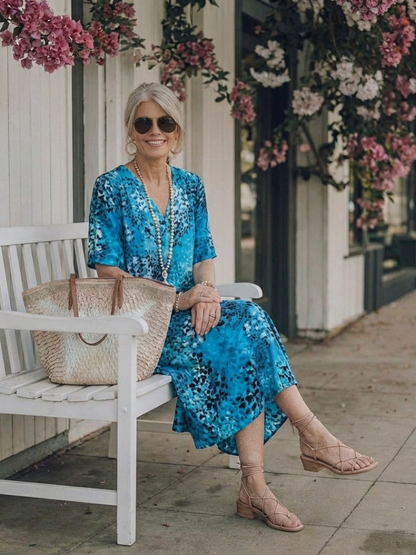 Women's Printed Midi Dress with V-Neck - Casual Outings