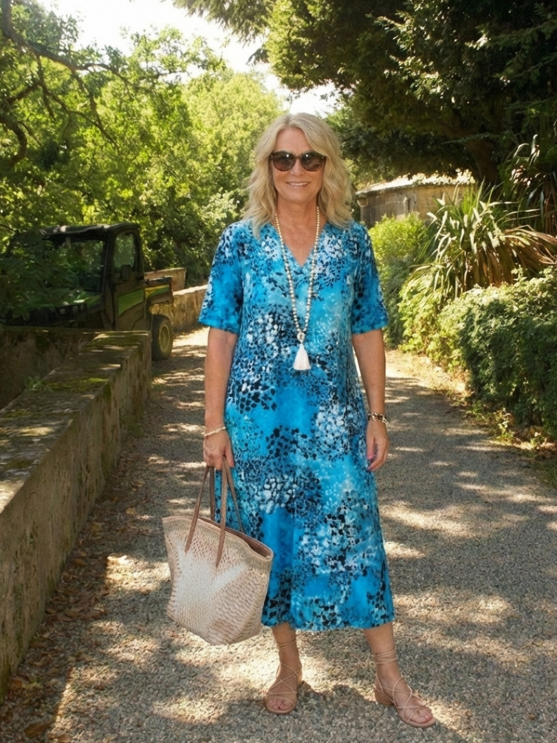 Women's Printed Midi Dress with V-Neck - Casual Outings