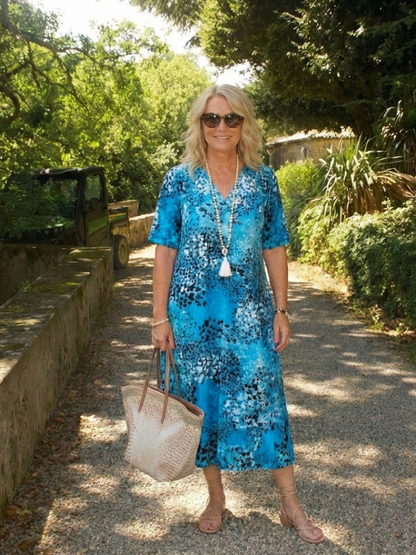 Women's Printed Midi Dress with V-Neck - Casual Outings