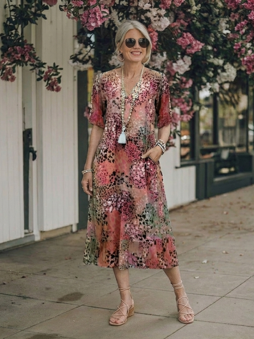 Women's Printed Midi Dress with V-Neck - Casual Outings