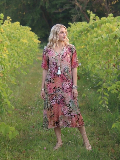 Women's Printed Midi Dress with V-Neck - Casual Outings