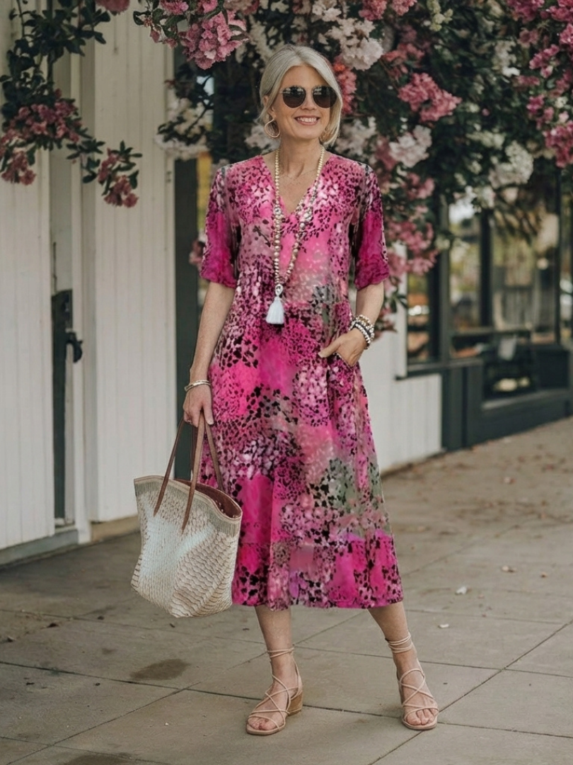 Women's Printed Midi Dress with V-Neck - Casual Outings