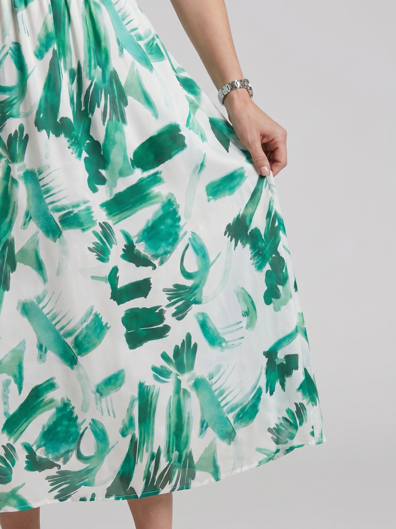 Women's Puff Sleeve V-Neck Midi Dress with Abstract Print