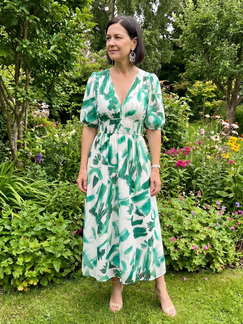 Women's Puff Sleeve V-Neck Midi Dress with Abstract Print