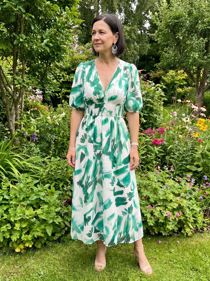 Women's Puff Sleeve V-Neck Midi Dress with Abstract Print