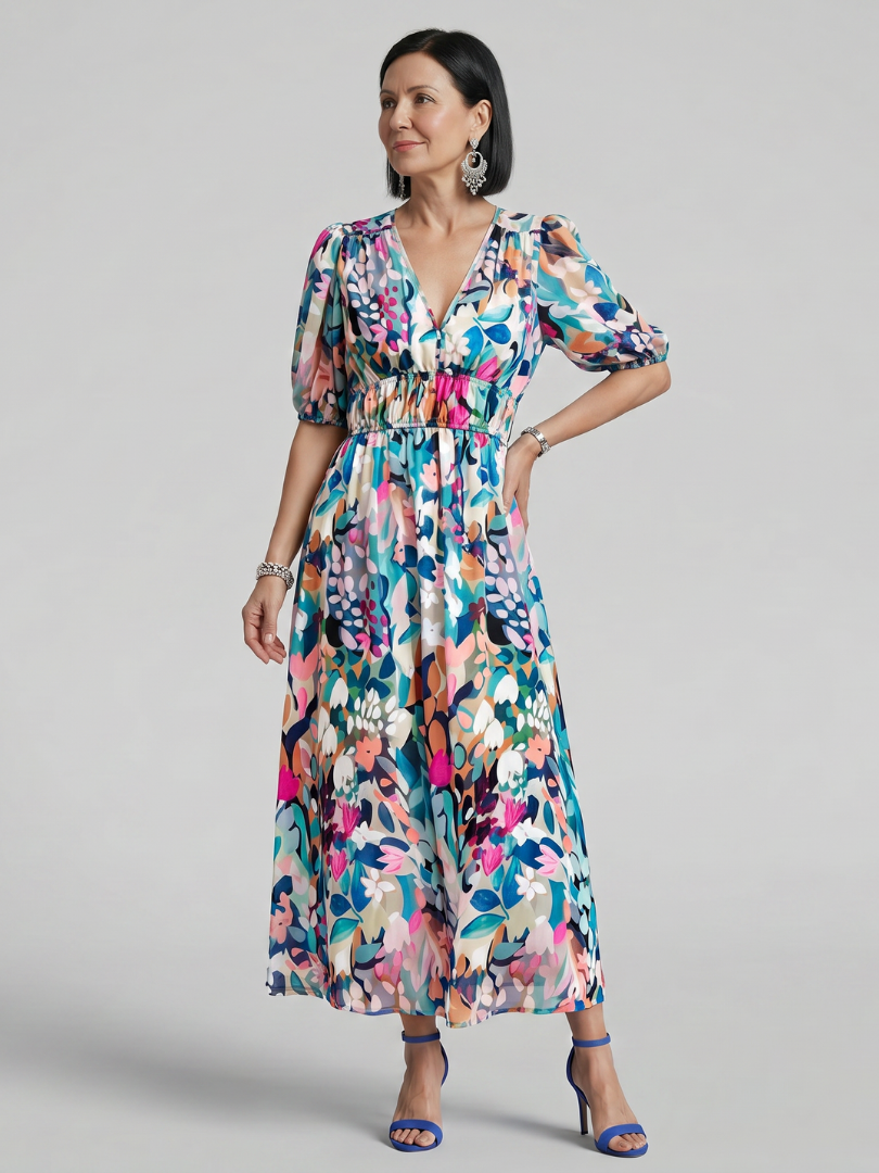 Women's Puff Sleeve V-Neck Midi Dress with Abstract Print