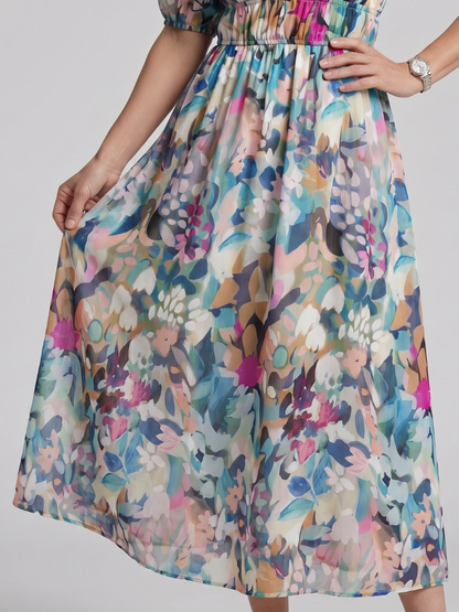 Women's Puff Sleeve V-Neck Midi Dress with Abstract Print