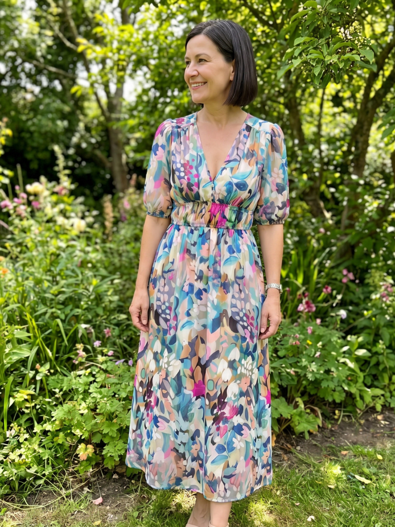 Women's Puff Sleeve V-Neck Midi Dress with Abstract Print