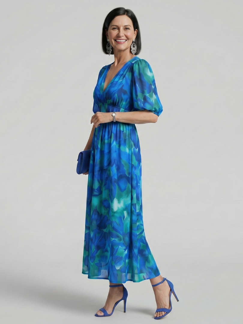 Women's Puff Sleeve V-Neck Midi Dress with Abstract Print