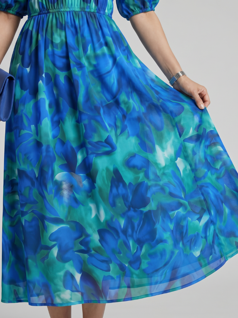 Women's Puff Sleeve V-Neck Midi Dress with Abstract Print