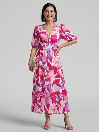Women's Puff Sleeve V-Neck Midi Dress with Abstract Print