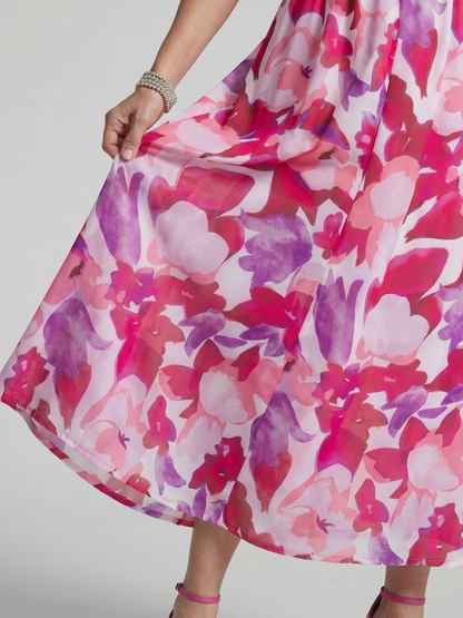 Women's Puff Sleeve V-Neck Midi Dress with Abstract Print