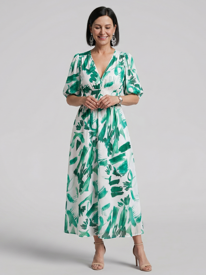 Women's Puff Sleeve V-Neck Midi Dress with Abstract Print