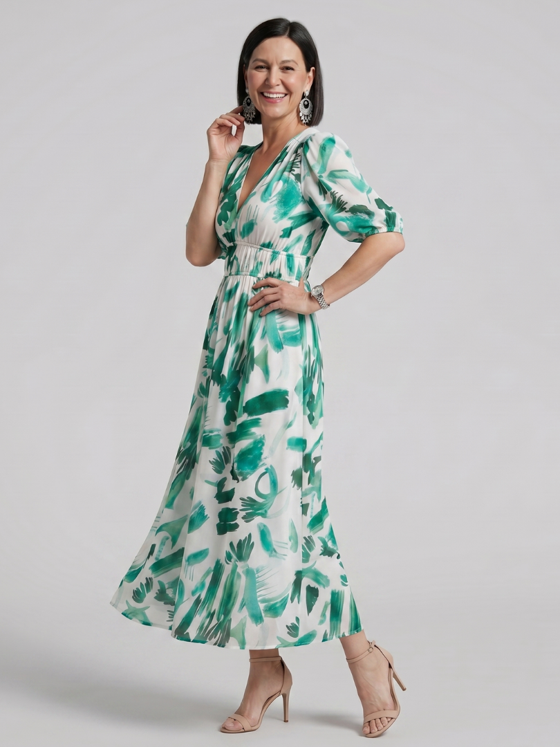 Women's Puff Sleeve V-Neck Midi Dress with Abstract Print