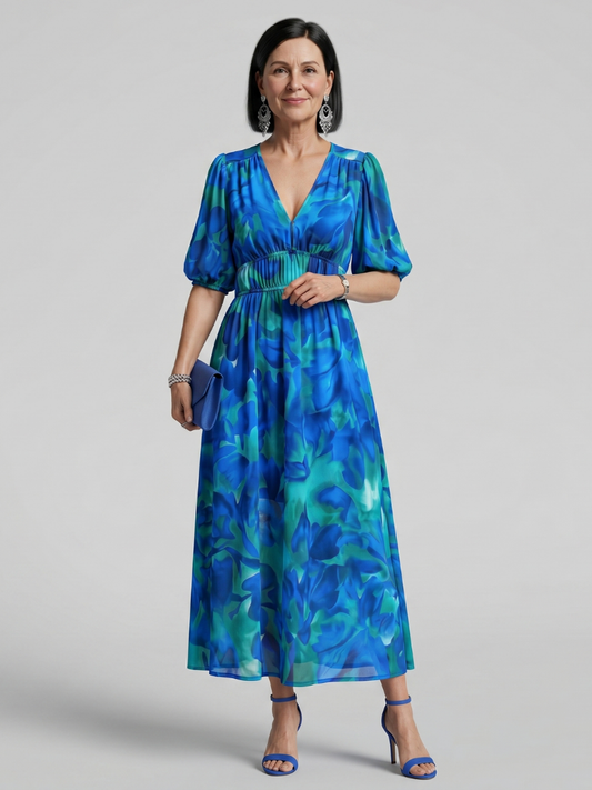 Women's Puff Sleeve V-Neck Midi Dress with Abstract Print