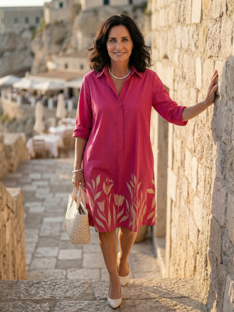 Women's Relaxed Day Dress with Collared Neckline Print