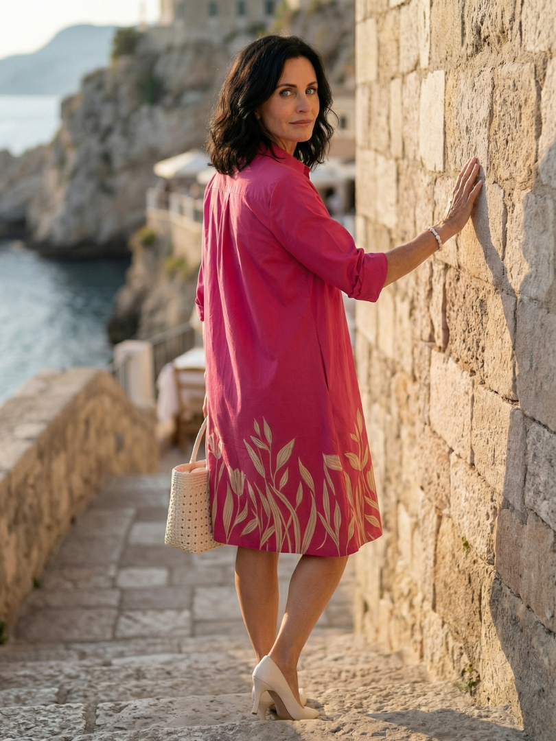 Women's Relaxed Day Dress with Collared Neckline Print