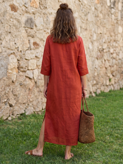 Women's Relaxed Midi Dress with V-neck for Warm Weather