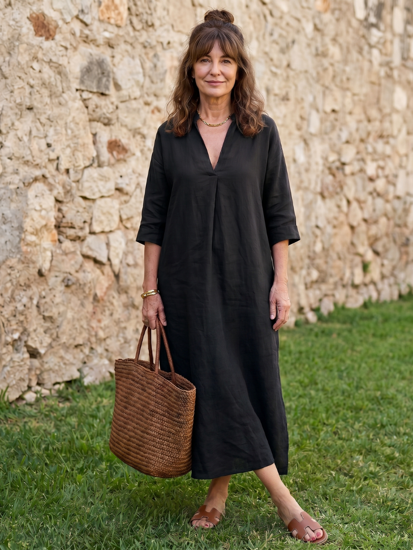 Women's Relaxed Midi Dress with V-neck for Warm Weather