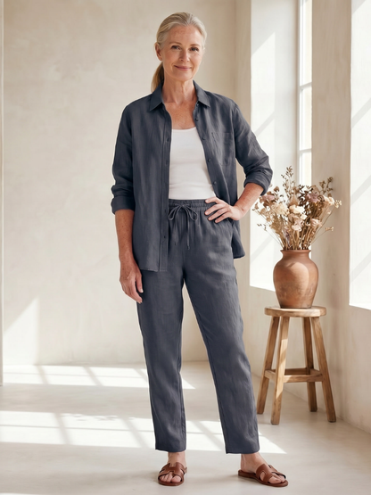Women's Relaxed Shirt Trousers Set with Pockets for Everyday Wear