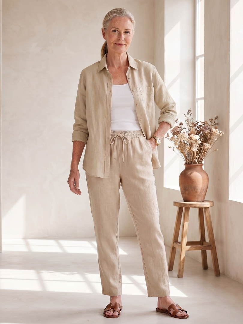 Women's Relaxed Shirt Trousers Set with Pockets for Everyday Wear
