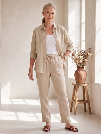 Women's Relaxed Shirt Trousers Set with Pockets for Everyday Wear