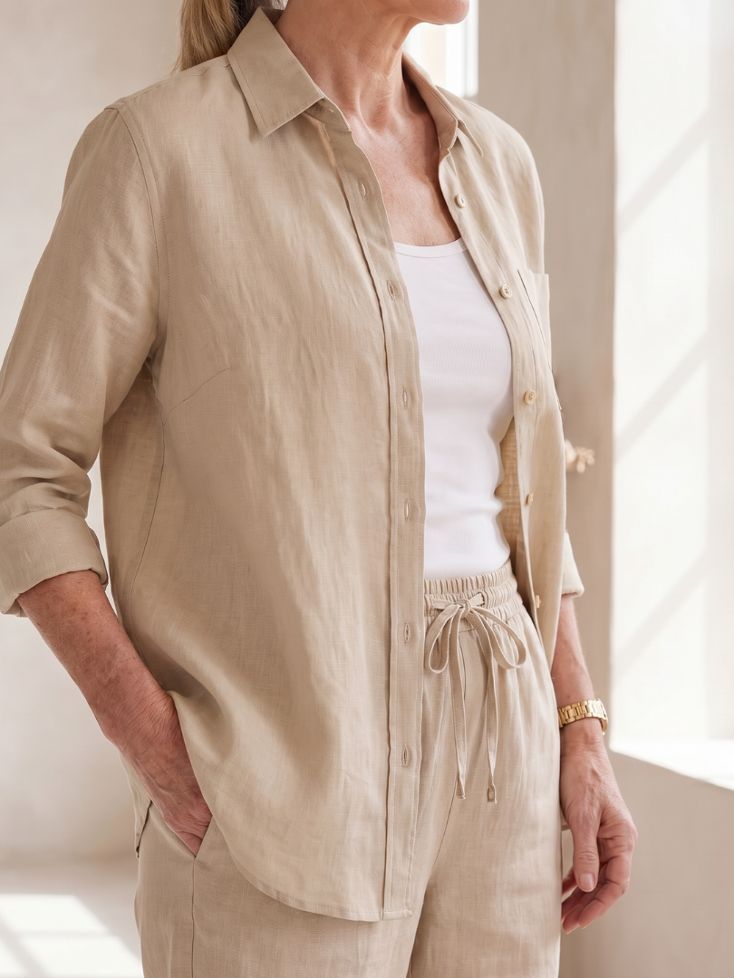 Women's Relaxed Shirt Trousers Set with Pockets for Everyday Wear