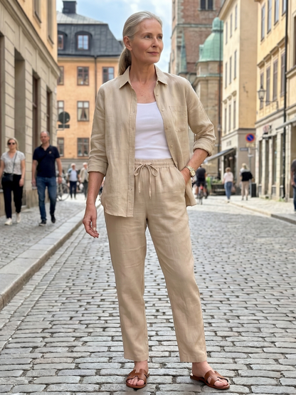 Women's Relaxed Shirt Trousers Set with Pockets for Everyday Wear
