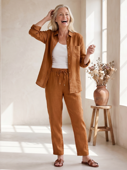 Women's Relaxed Shirt Trousers Set with Pockets for Everyday Wear