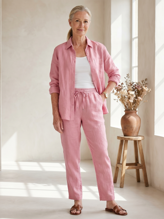 Women's Relaxed Shirt Trousers Set with Pockets for Everyday Wear