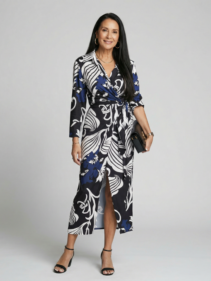 Women's Relaxed Wrap Midi Dress with Clean Drape for Daywear