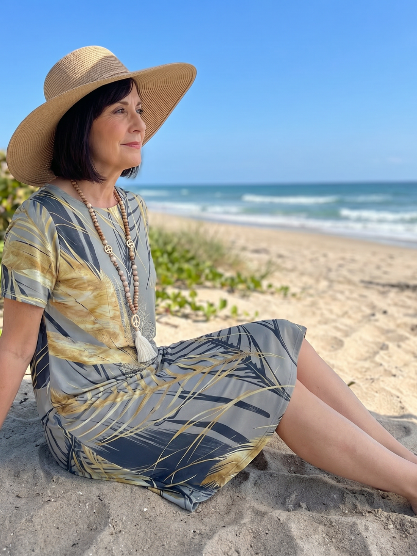 Women's Round-Neck Plant Print Midi Dress for Everyday Wear