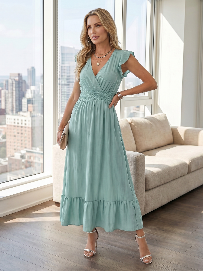 Women's Ruffle Midi Dress with Smocked Waist for Garden Party