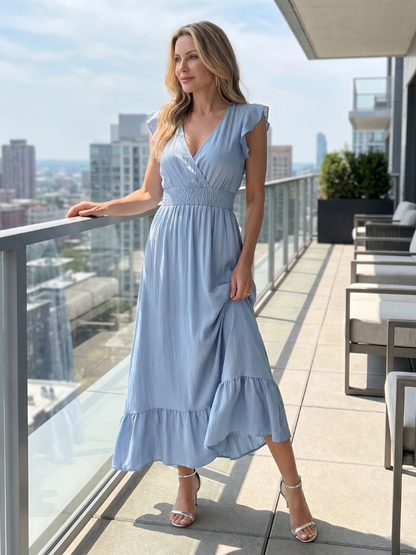 Women's Ruffle Midi Dress with Smocked Waist for Garden Party