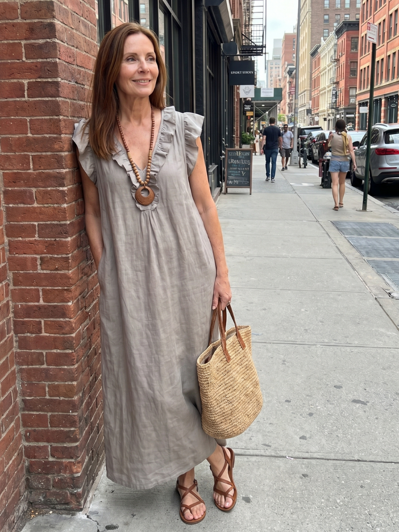 Women's Ruffle Trim Sleeveless Neck Midi Dress for Everyday