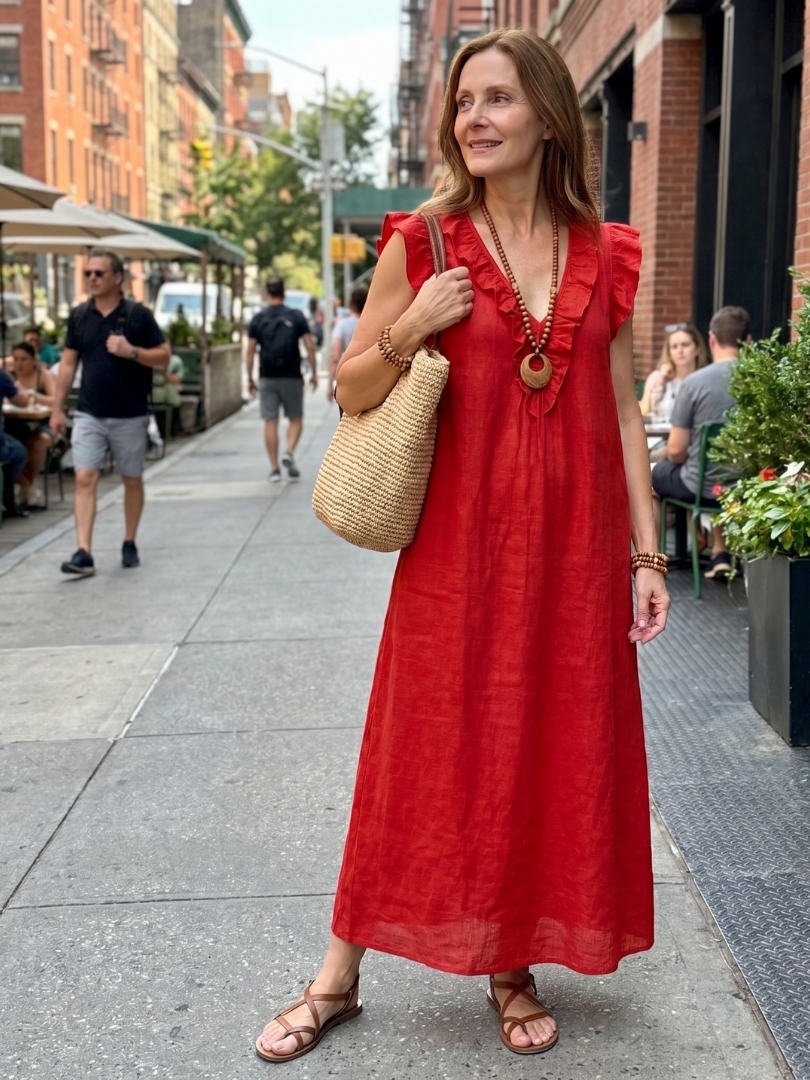 Women's Ruffle Trim Sleeveless Neck Midi Dress for Everyday
