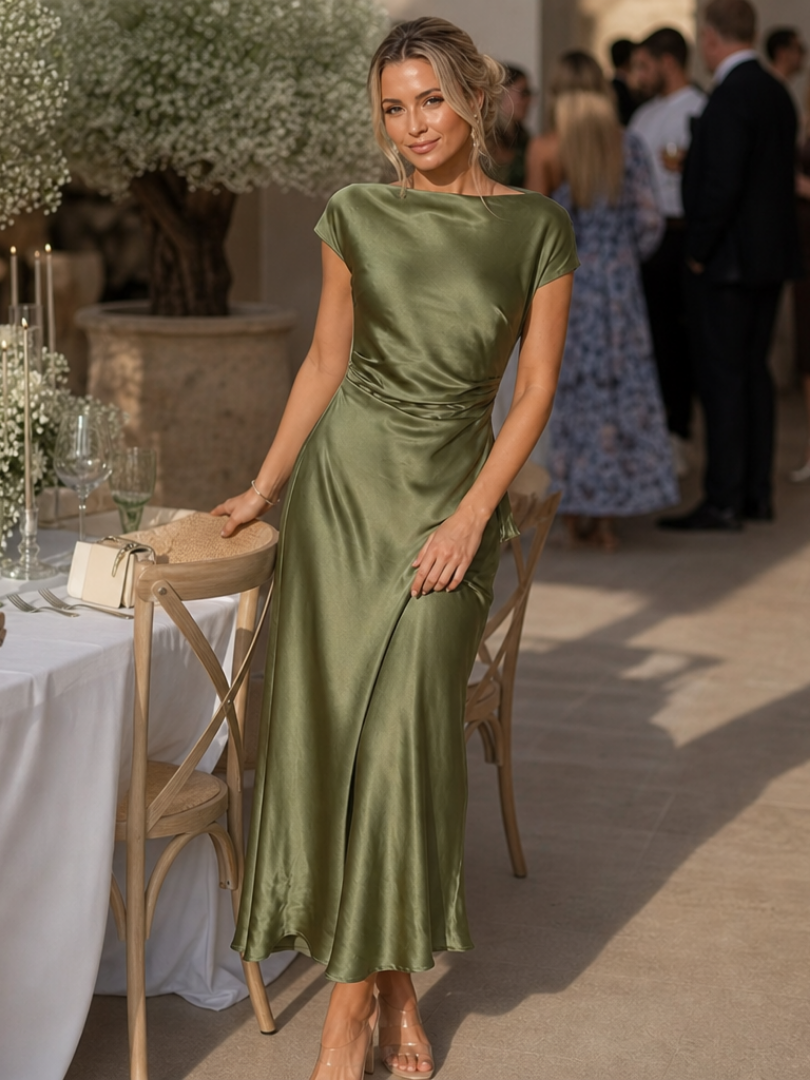 Women's Satin Midi Dress with Boat Neck for Formal Occasions