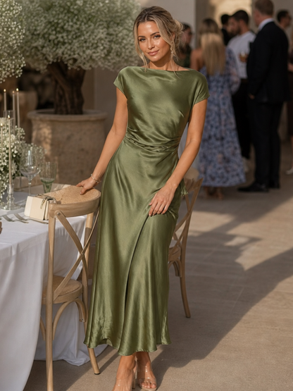 Women's Satin Midi Dress with Boat Neck for Formal Occasions