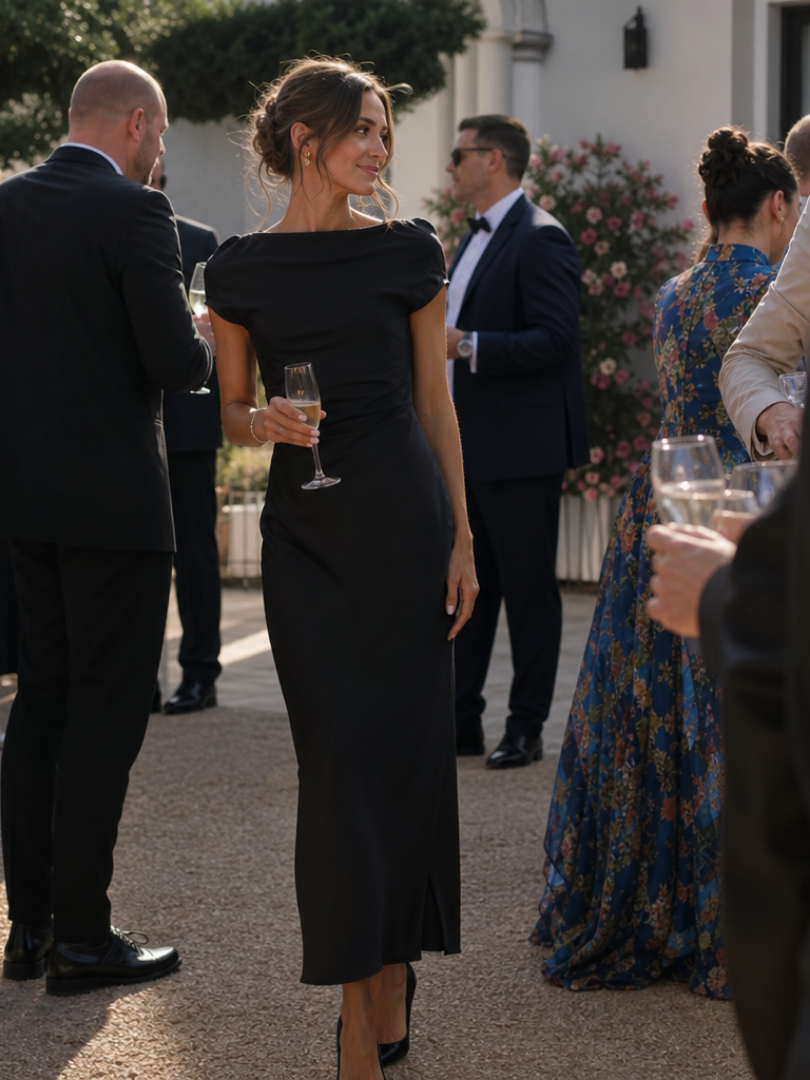 Women's Satin Midi Dress with Boat Neck for Formal Occasions