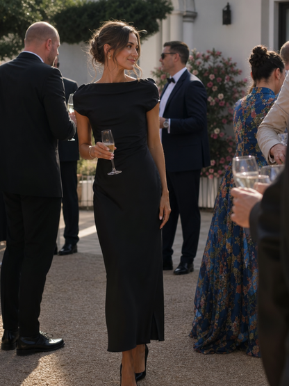 Women's Satin Midi Dress with Boat Neck for Formal Occasions