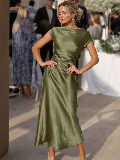Women's Satin Midi Dress with Boat Neck for Formal Occasions