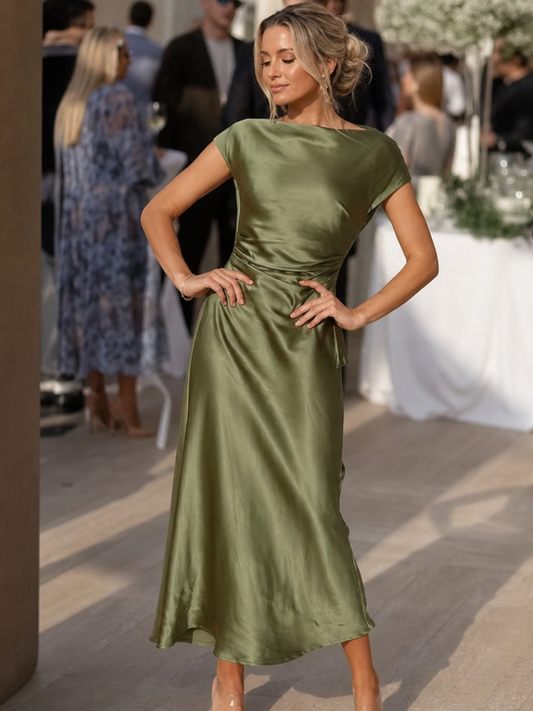 Women's Satin Midi Dress with Boat Neck for Formal Occasions