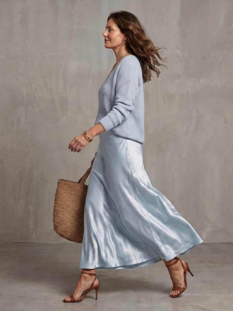 Women's Satin Midi Skirt Knit Layer Set with Bias for Daily