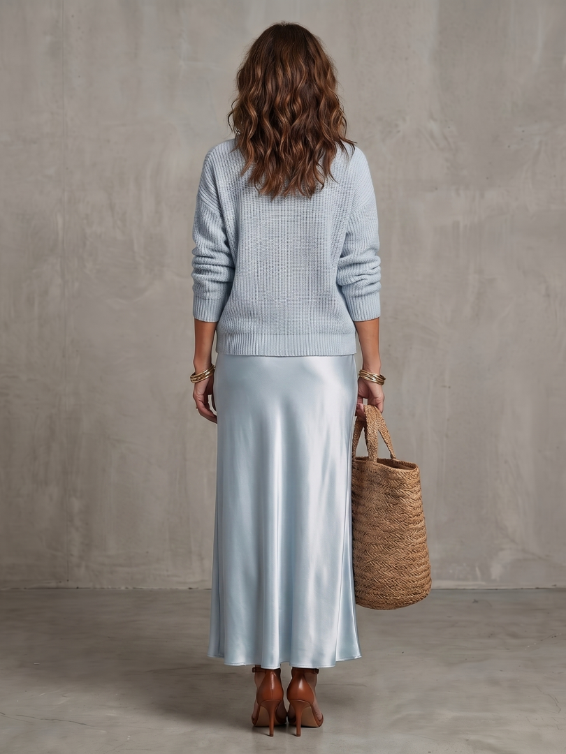 Women's Satin Midi Skirt Knit Layer Set with Bias for Daily