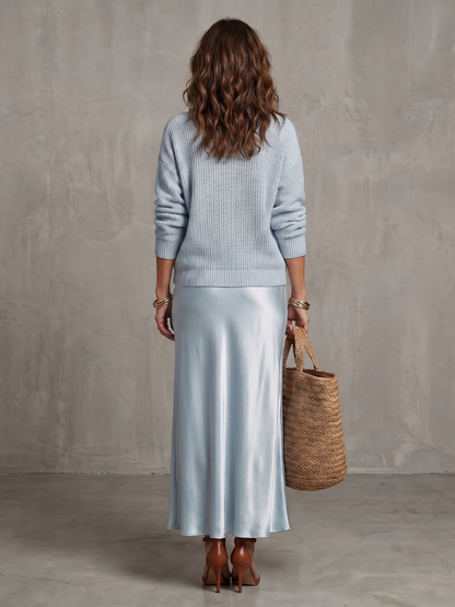 Women's Satin Midi Skirt Knit Layer Set with Bias for Daily