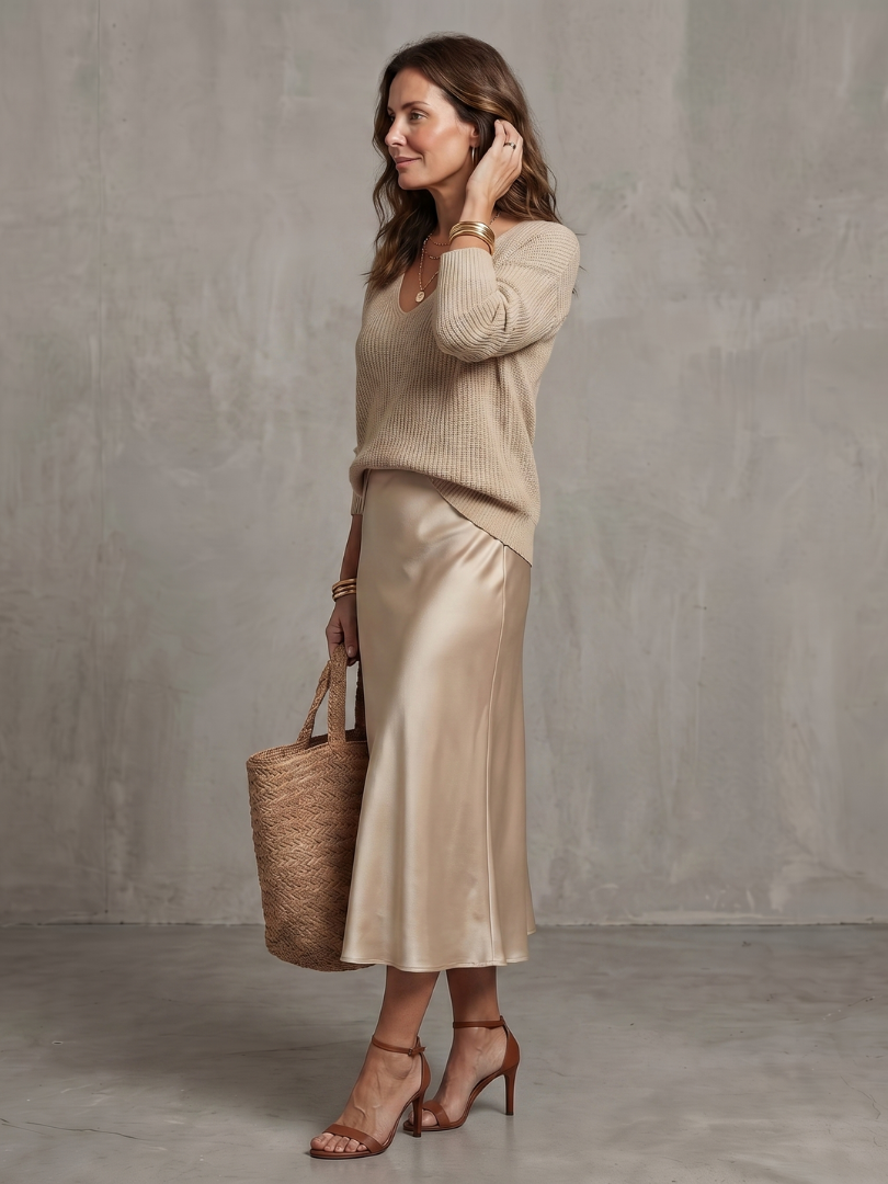 Women's Satin Midi Skirt Knit Layer Set with Bias for Daily