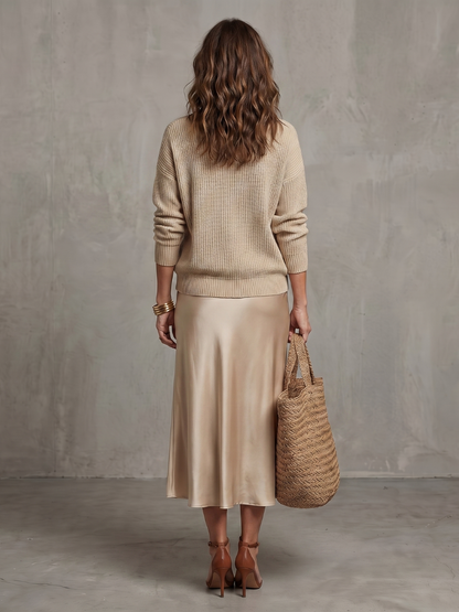 Women's Satin Midi Skirt Knit Layer Set with Bias for Daily