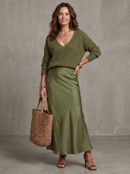 Women's Satin Midi Skirt Knit Layer Set with Bias for Daily