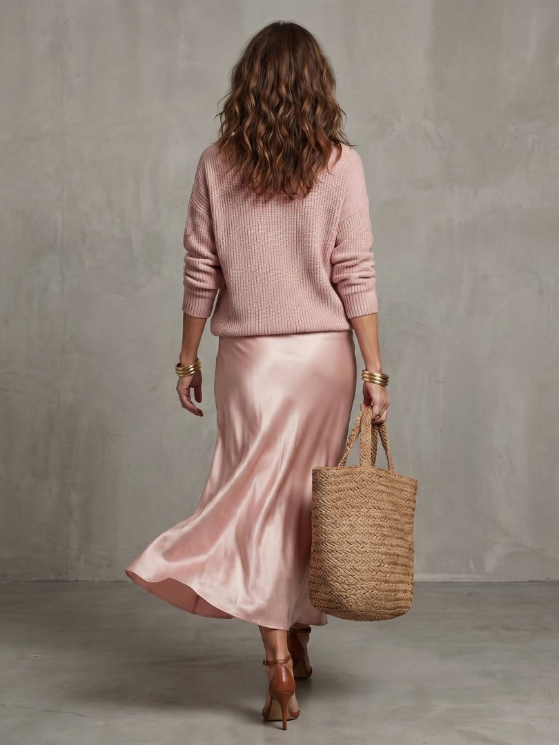 Women's Satin Midi Skirt Knit Layer Set with Bias for Daily