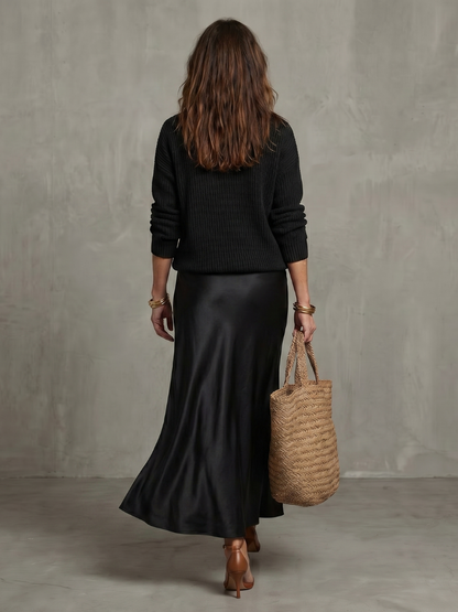 Women's Satin Midi Skirt Knit Layer Set with Bias for Daily